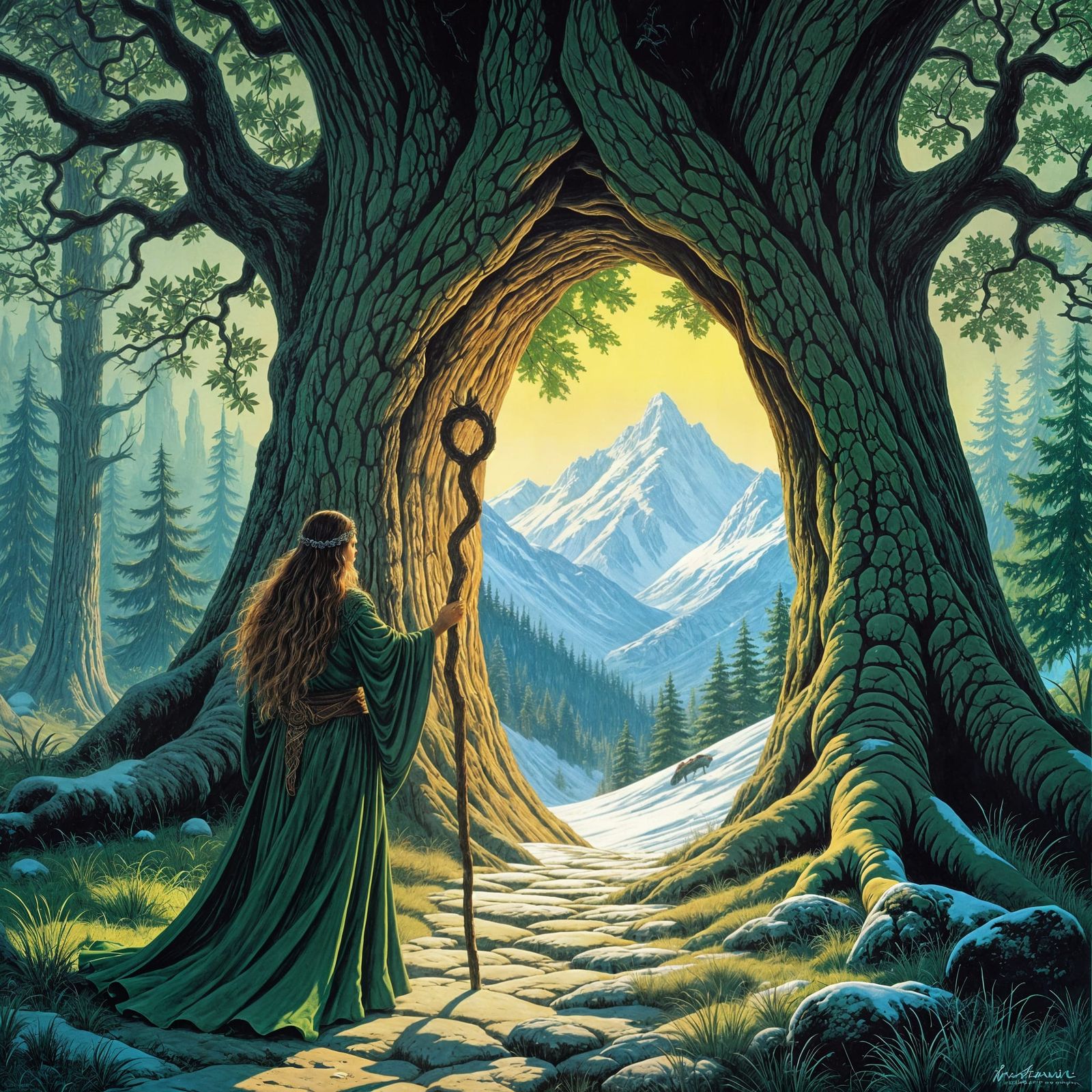 Druid Woman Opens Portal to Winter Landscape