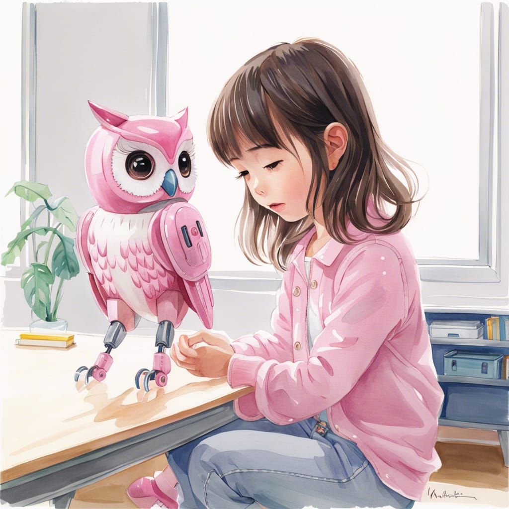 Toddler and Pink Robot in Anime Watercolor Style