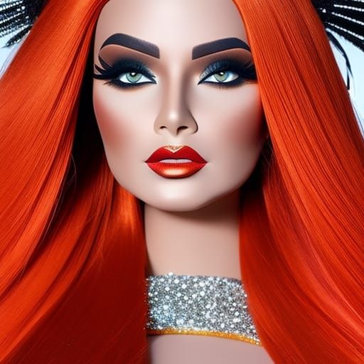 Fire Queen Barbie with long red hair& red eyes& orange eyeshadow& golden eyeliner& red lipstick& shimmery tan complexion...