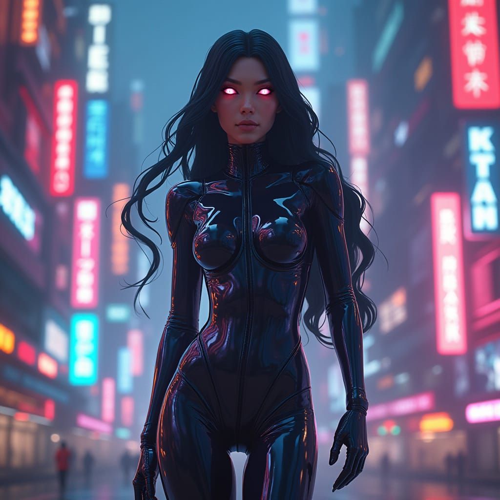 Android in Neon Cityscape: 3D Rendered Anime Style