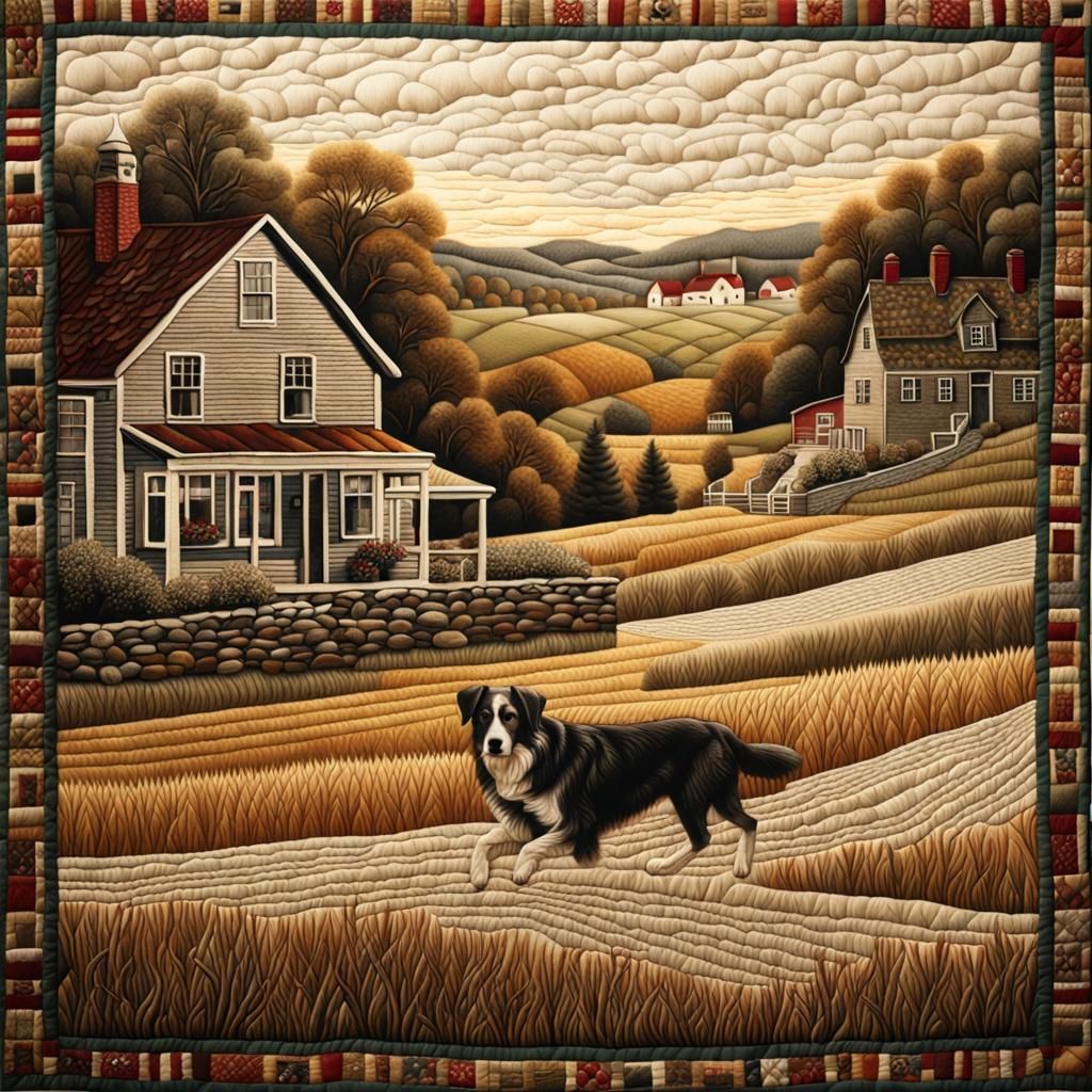 Detailed Country Quilt with Dogs in Hyperrealism