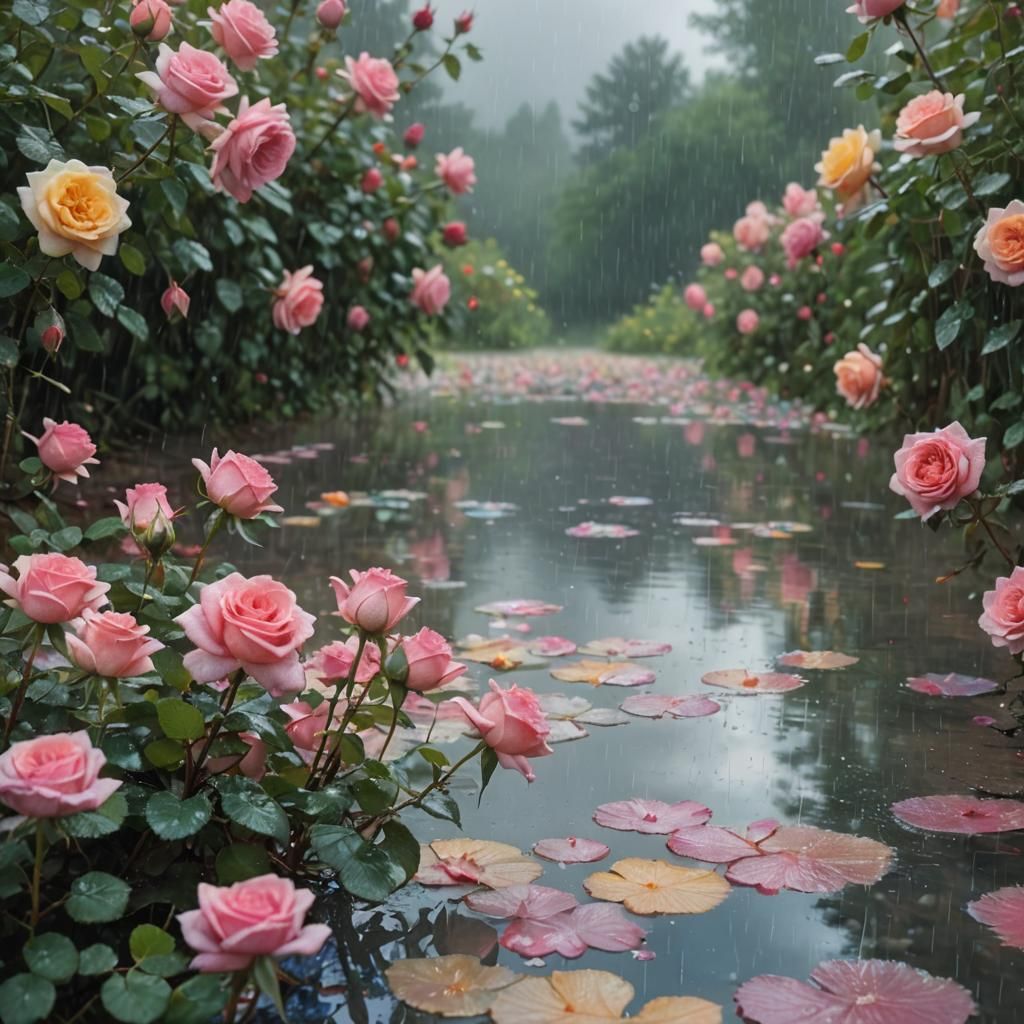 Impressionist Rose Valley in Rain, Monet Style
