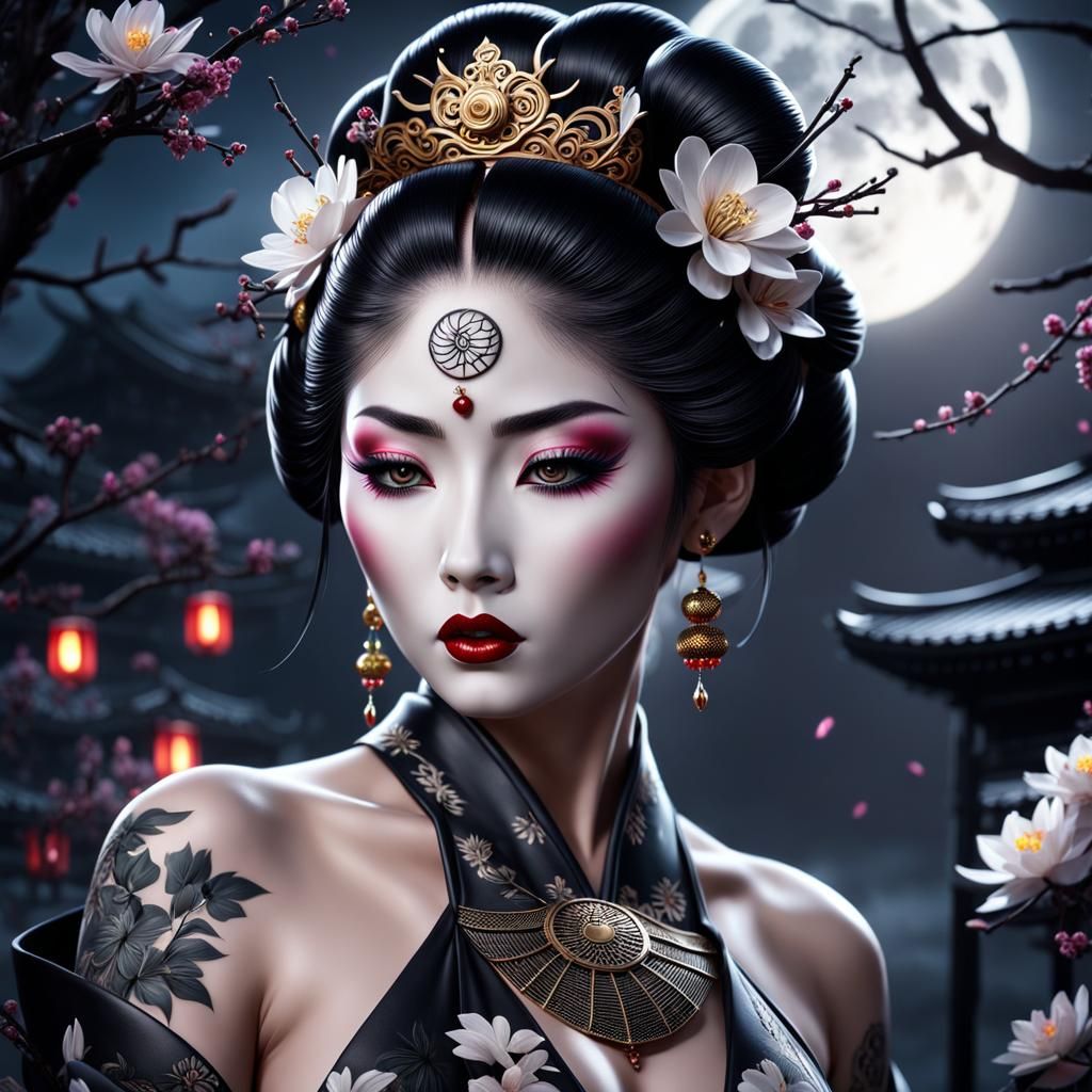 Mysterious Geisha with Crown of Thorns in Moonlight