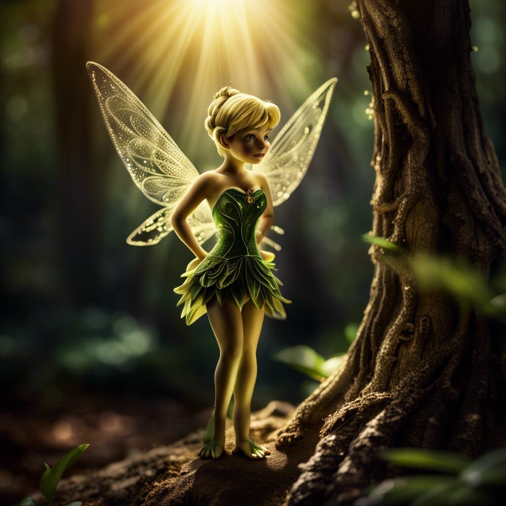 Hyperrealistic Tinkerbell in Ethereal Forest Scene