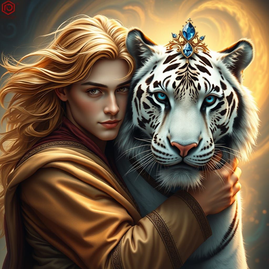 Regal Gentleman and Majestic White Tigress in Whimsical Drea...