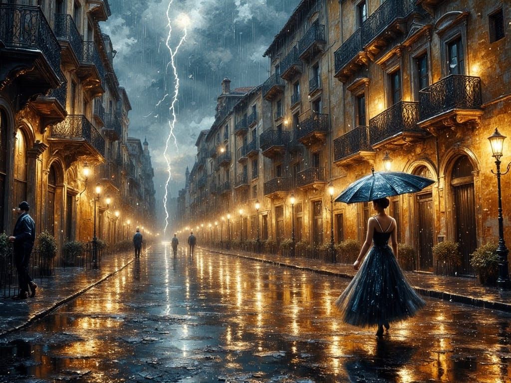 Woman Walks Through Stormy Palma de Mallorca