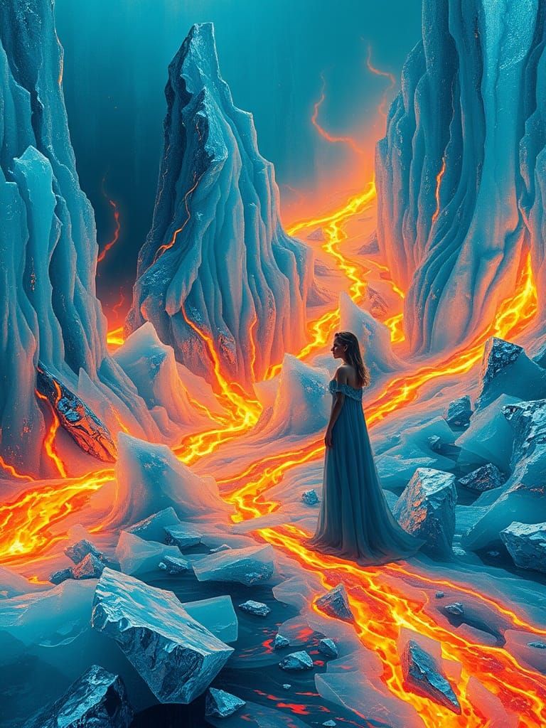 Frozen Inferno: Surreal Icy Terrain with Liquid Fire