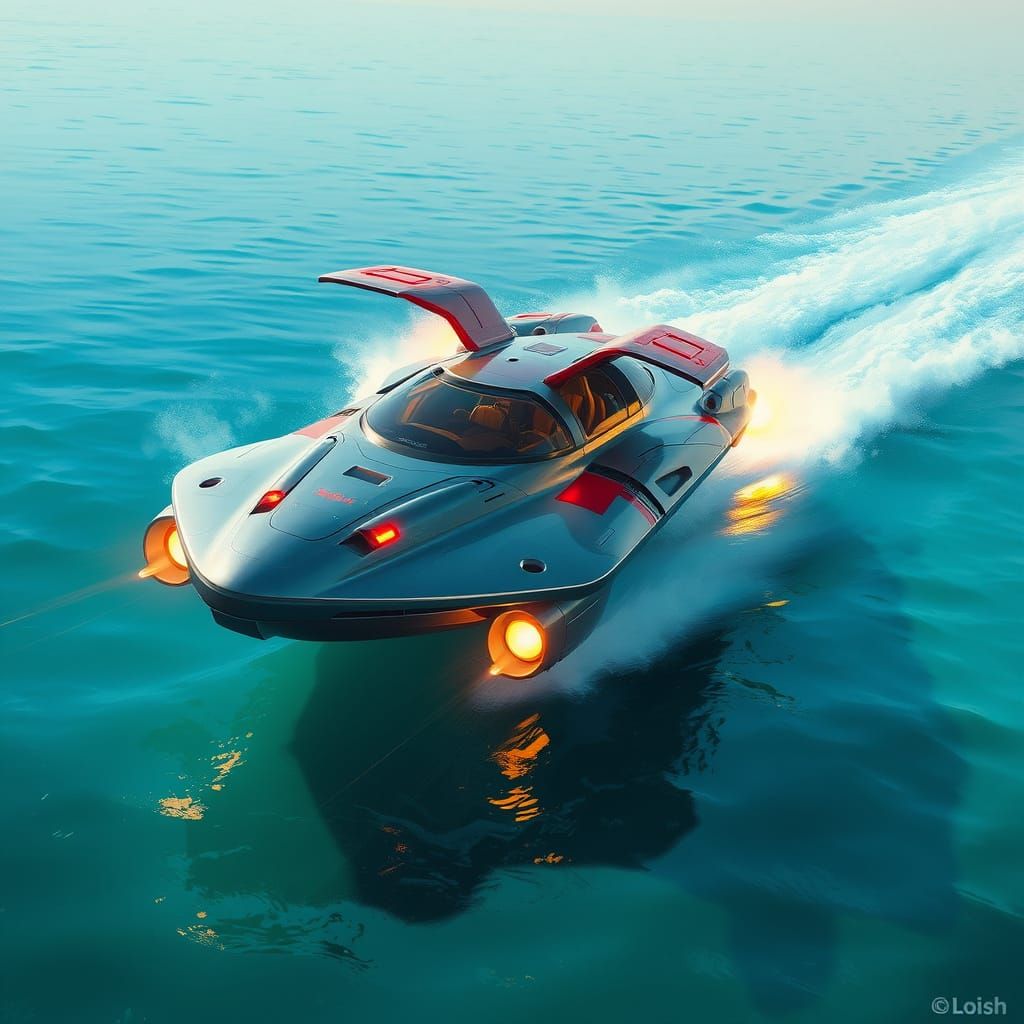 Futuristic Hovercraft on Turquoise Ocean
