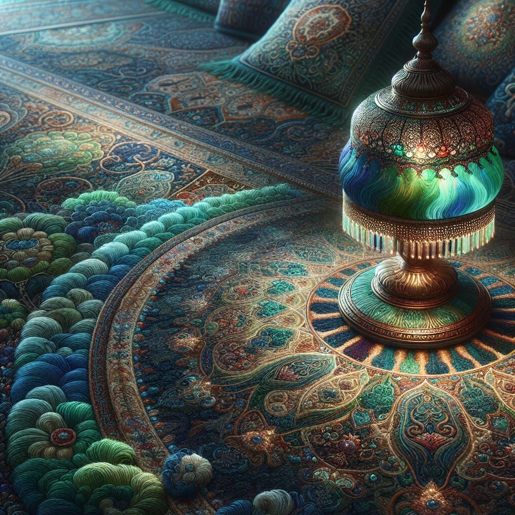 Exquisite Persian Carpet and Moroccan Lamp in Matte Painting