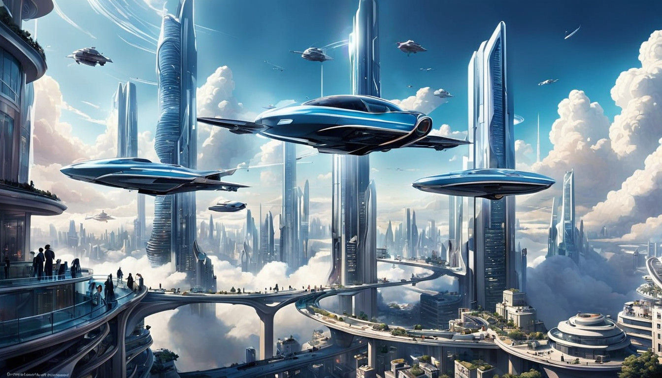Utopian Sky City in Whimsical Futuristic Style