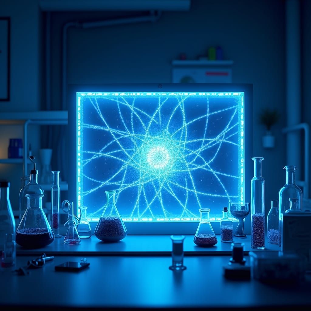 Blue-Lit Lab Scene Displaying Atomic Structures