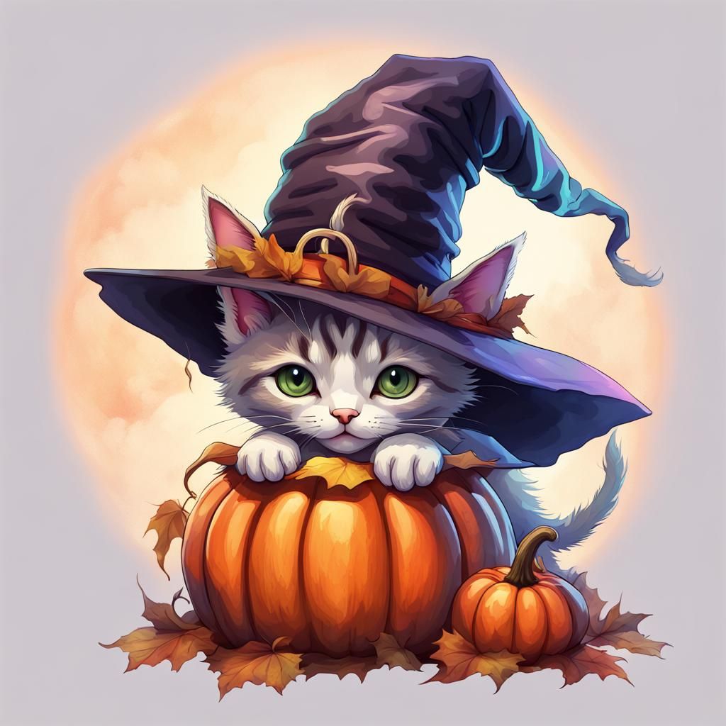 Kitten Witch in Pumpkin, Gothic Renaissance Style