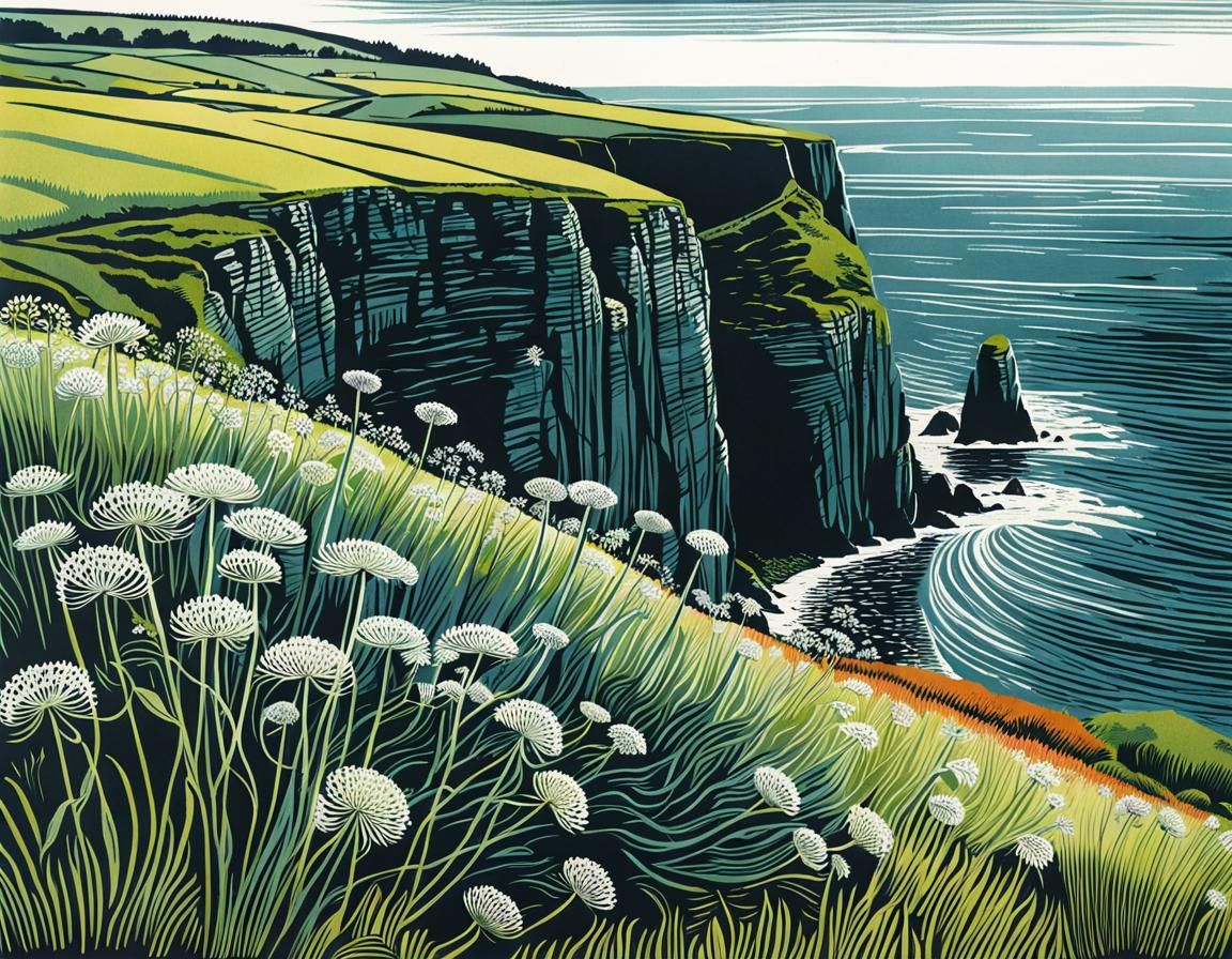 Umbelliferous Plants on Cliff as Hand-Colored Linoprint