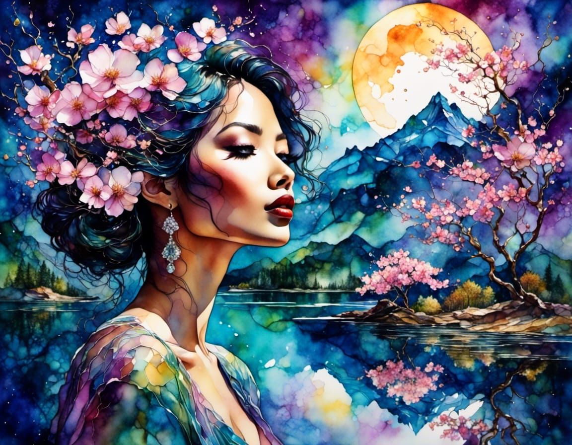 Double Exposure: Woman, Lake, and Moon