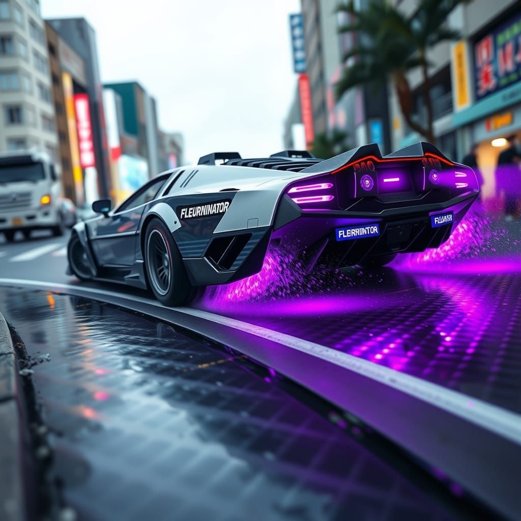 Futuristic Neon Car Speeds Through Tokyo