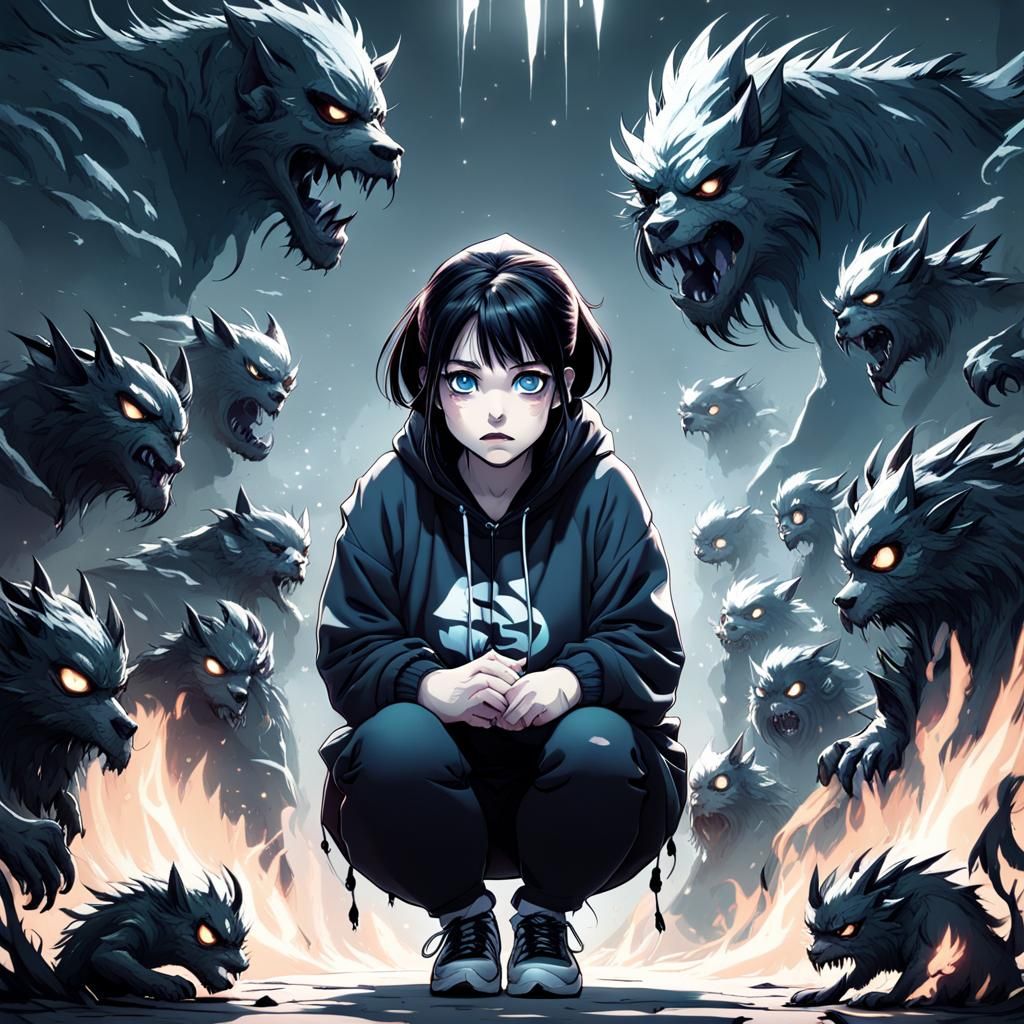 Girl Surrounded by Shadow Monsters: Moody Digital Art