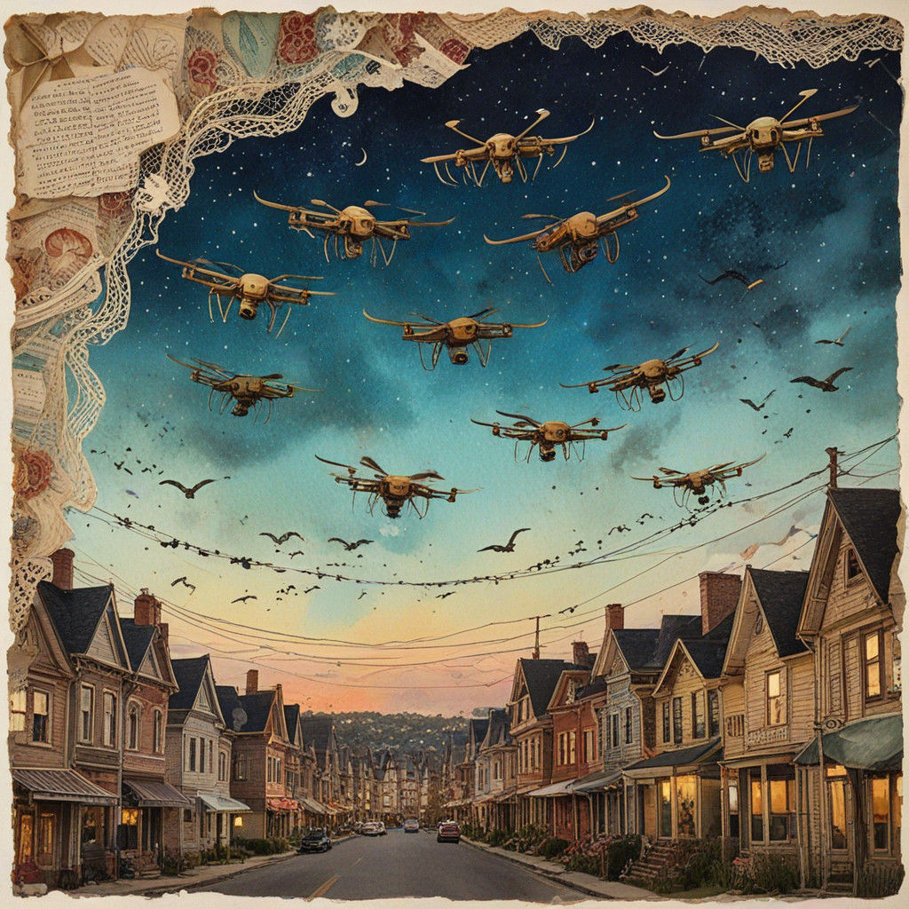 Vibrant Drones Soar in a Teacup-Stained Dreamscape