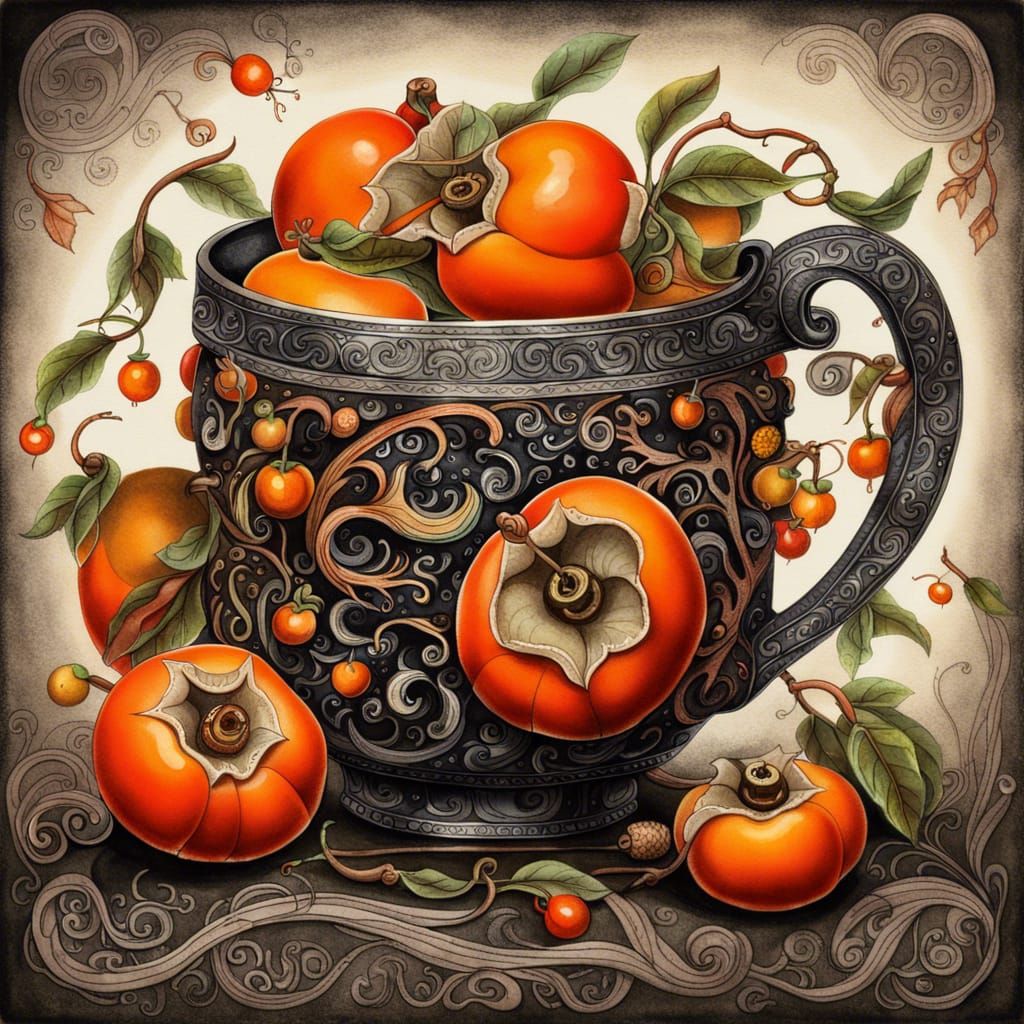 Still Life with Persimmons and Fantastical Gouache Details