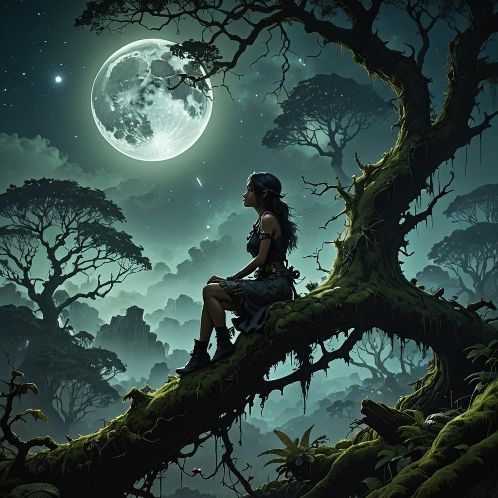 Night Jungle Girl Silhouette Before Glowing Moon