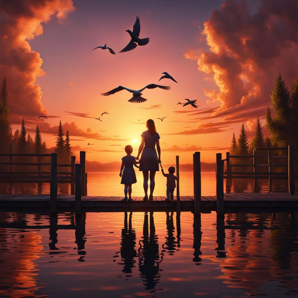 Child and Mother Watch Sunset Reflection