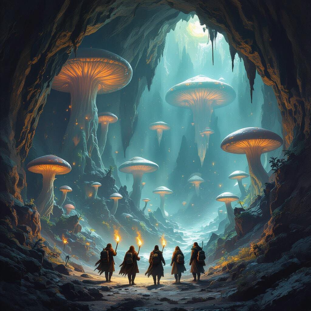 Adventurers Explore Luminous Cavern Underdark