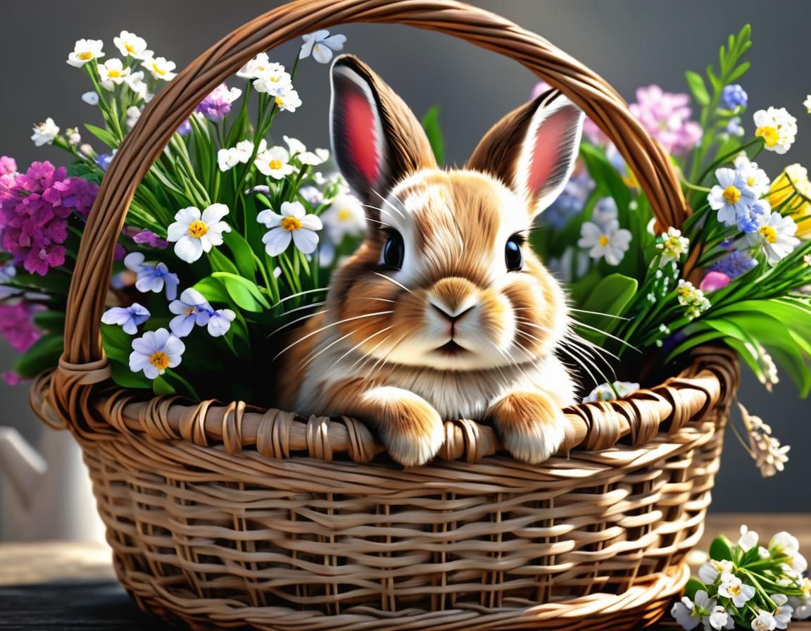 Cute Bunny with Flowers in Hyperrealistic Oil Painting