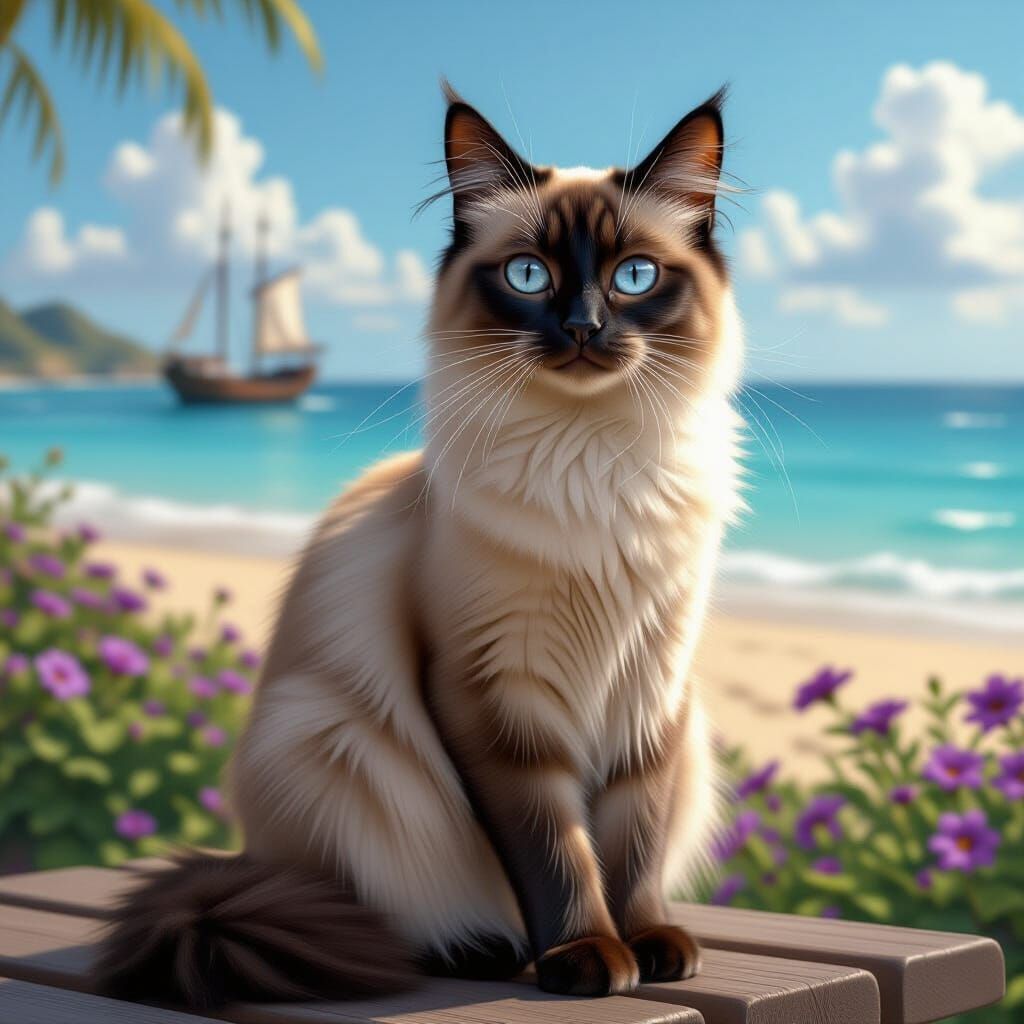 Siamese Cat on Beach Bench with Ocean View, Cinematic Detail