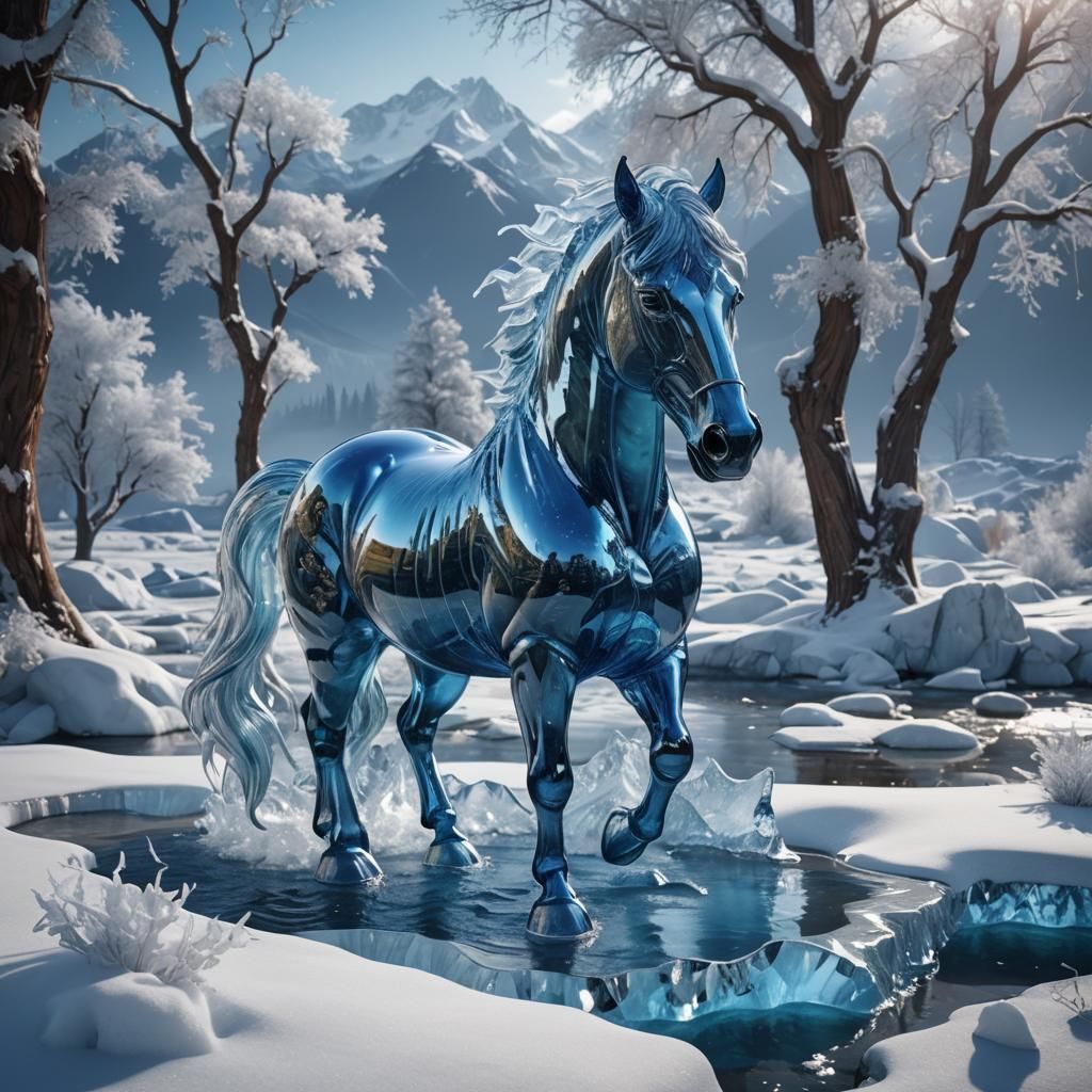 Sapphire Crystal Horse Ice Sculpture Fantasy Landscape