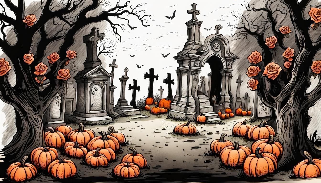 Dancing Skeletons Celebrate in Cemetery, Pen and Ink