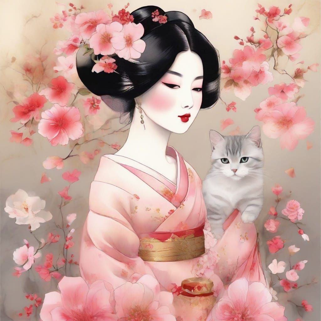 Geisha with Petals in Ink Wash Style