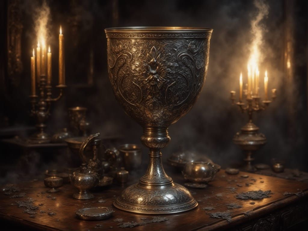 Ornate Silver Goblet in Firelight: Hyperrealistic Treasure