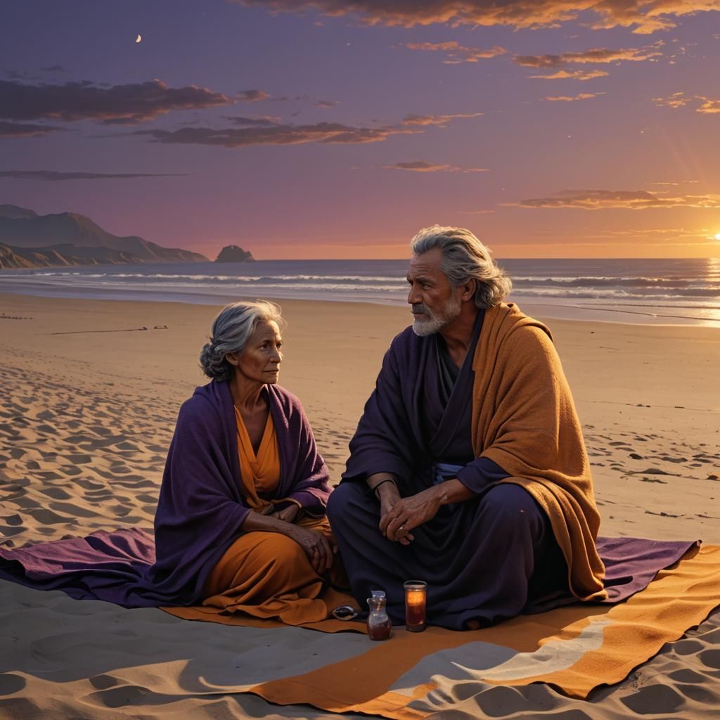 Sunset Beach Dark Fantasy Couple in Detailed Art