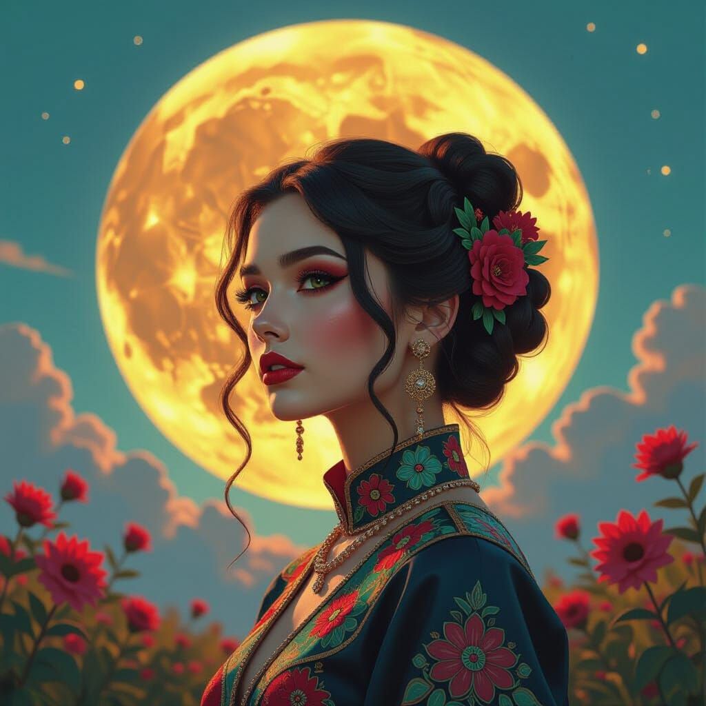 Hyperrealistic Woman Portrait with Moon and Exotic Animals