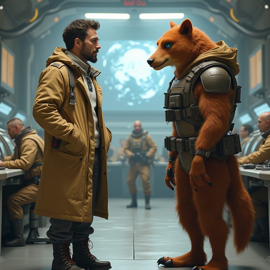 Military Commander Talks to Humanoid in Sci-Fi Control Room