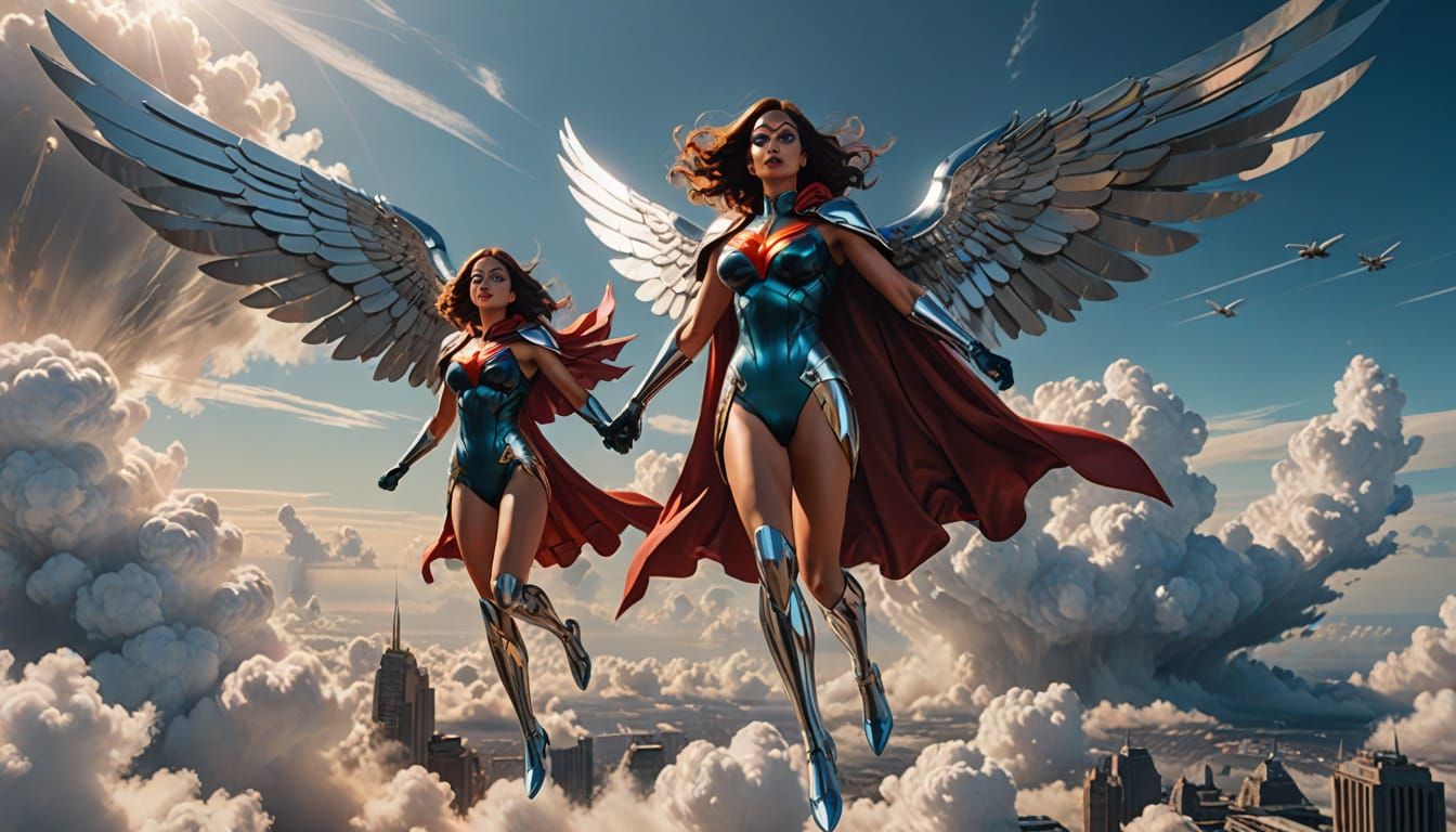 Chrome Superheroine and Daughter Soar Above Clouds