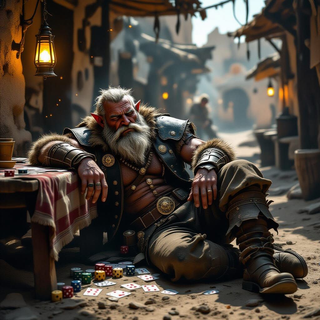 Drunk Bugbear Passed Out in Dusty Desert Village Noir Style