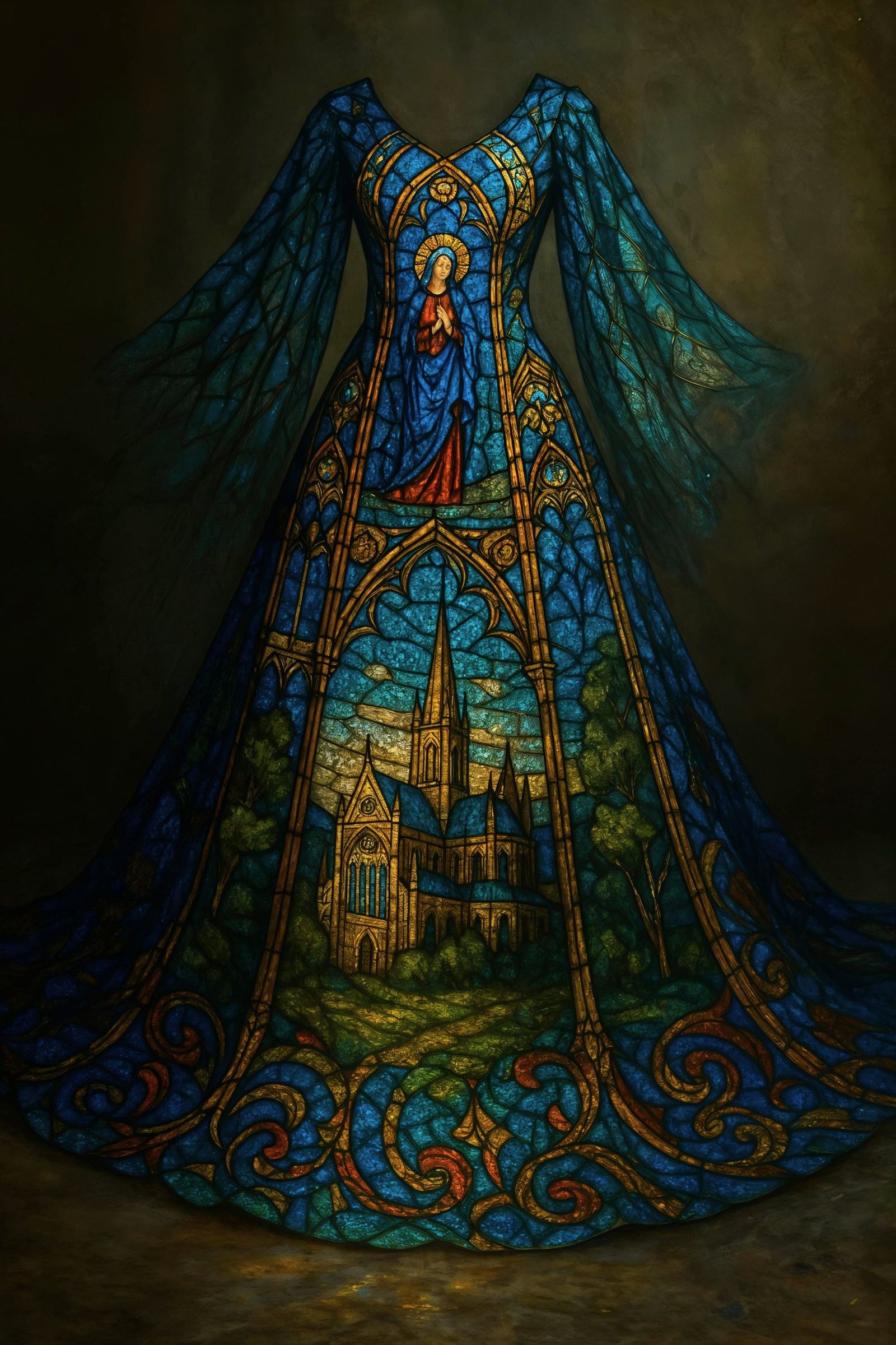 Ethereal Stained Glass Gown in Gothic Art Nouveau Style