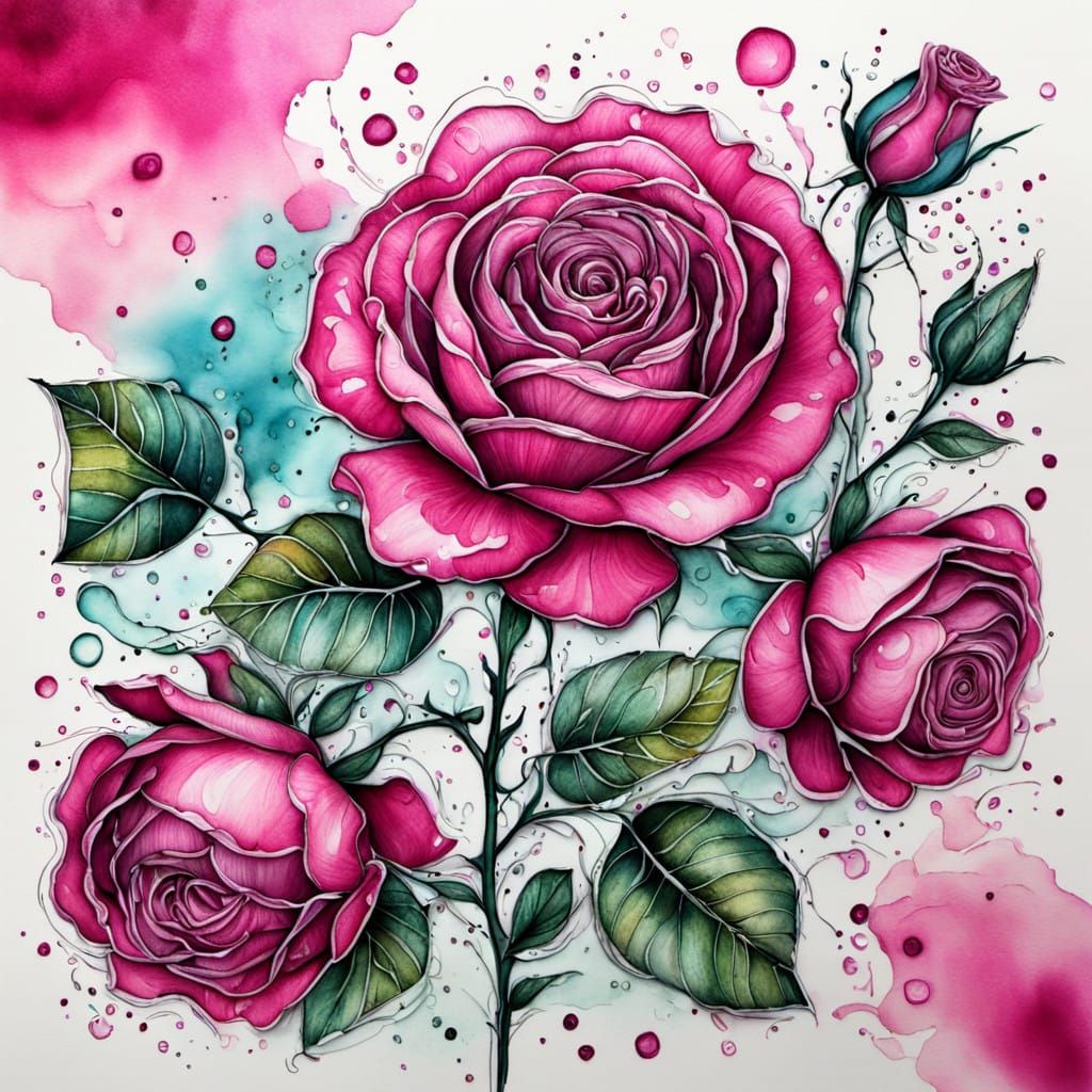 Realistic Doodle Art of a Pink Rose in Vibrant Alcohol Ink