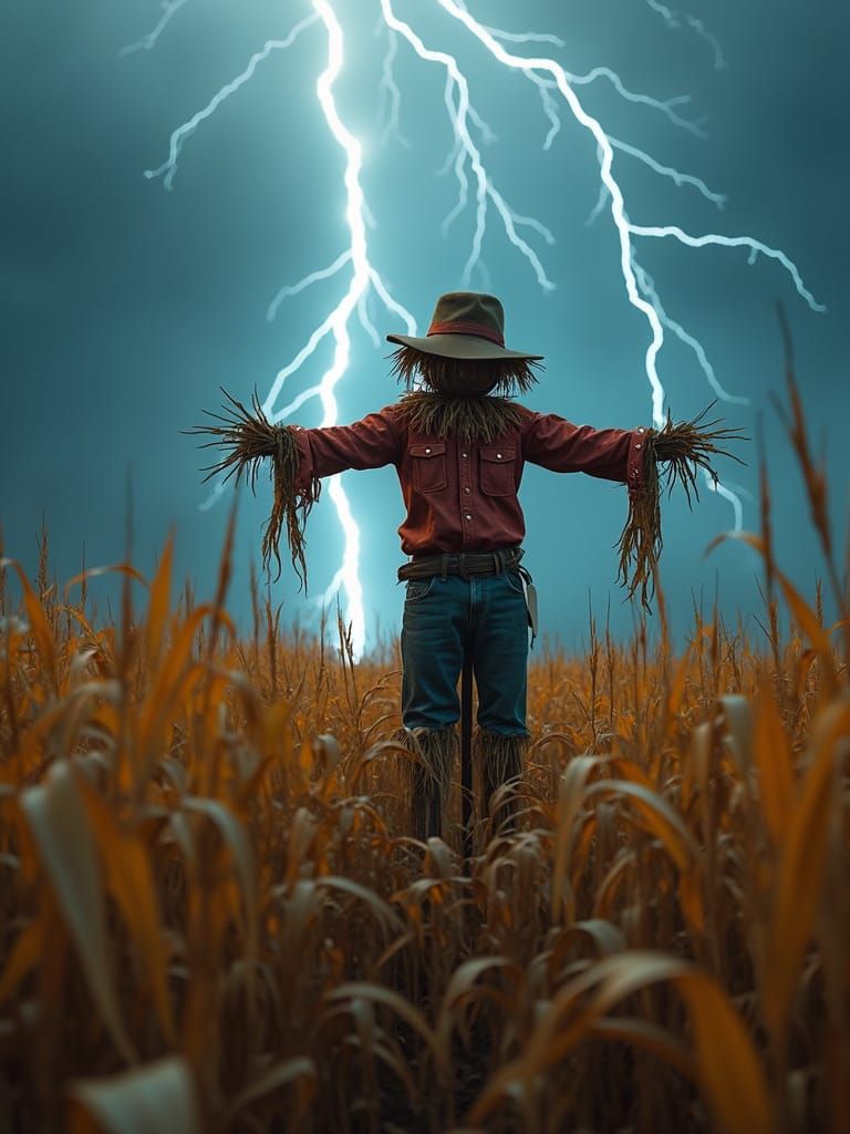 Hyperrealistic Scarecrow Hit By Lightning in Cornfield