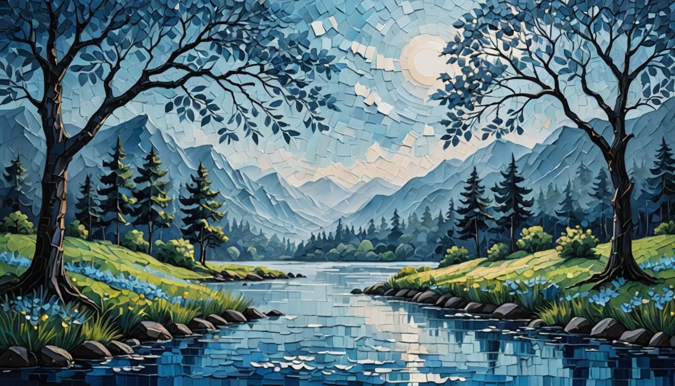 Monochromatic Blue Impasto: A Tranquil Nature Scene