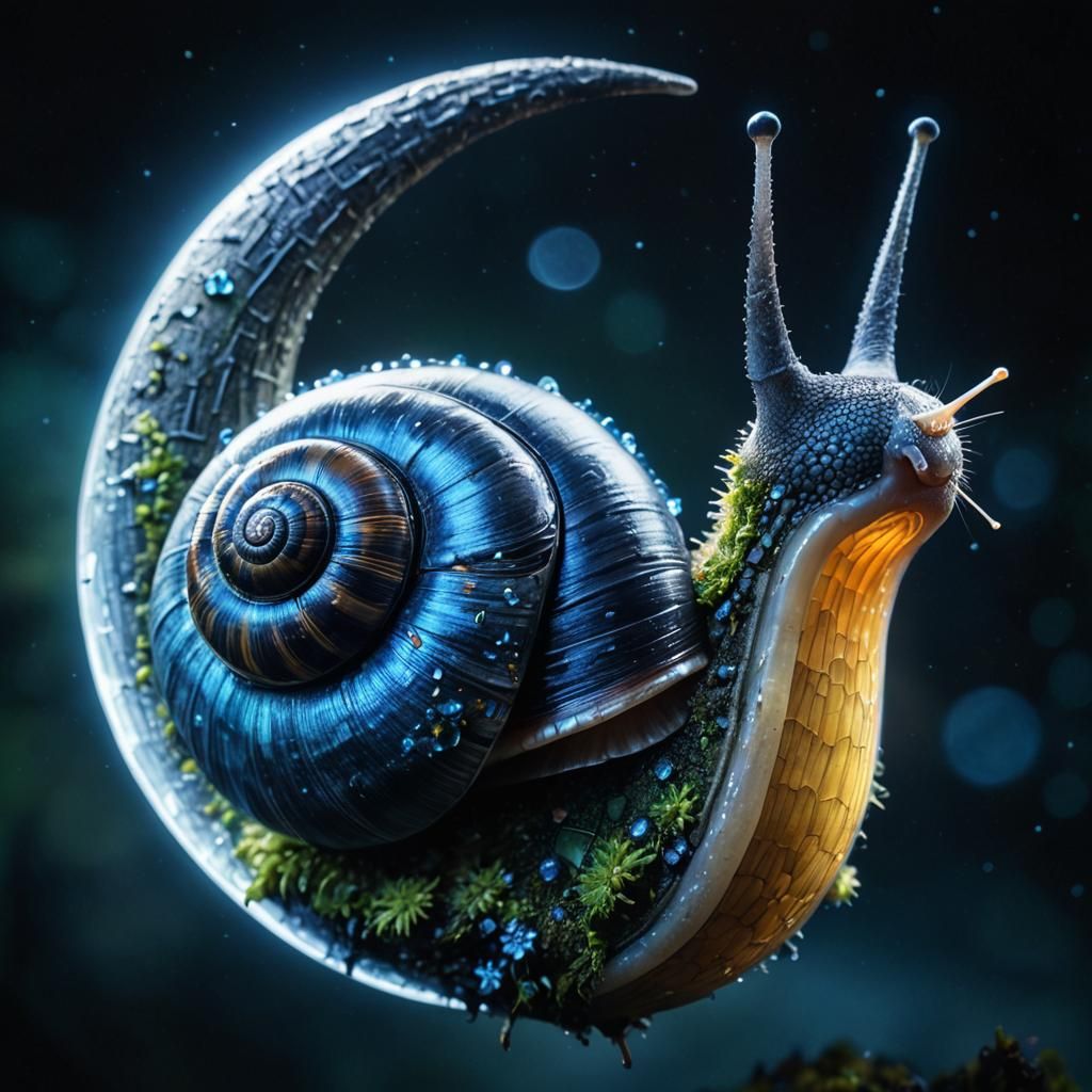 Blue Shelled Snail Under Crescent Moon