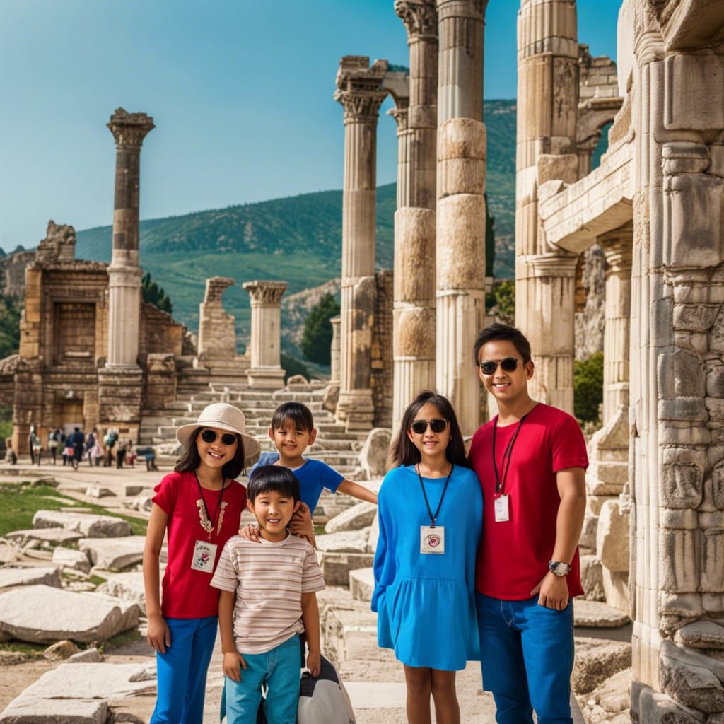 Family Portrait at Ephesus Ruins: Hyperdetailed Digital Art