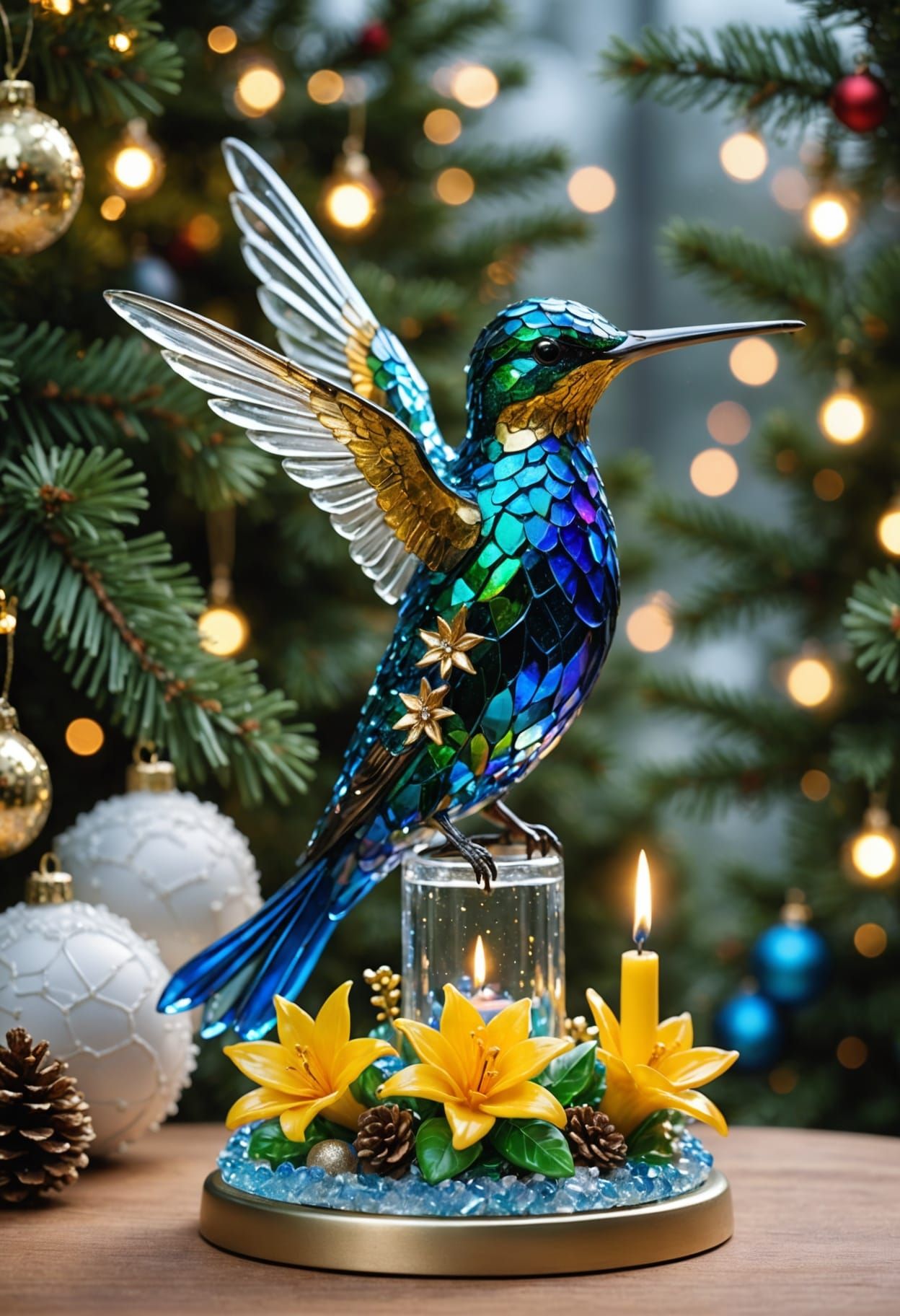 Christmas Hummingbird and Duckling Glass Sculpture