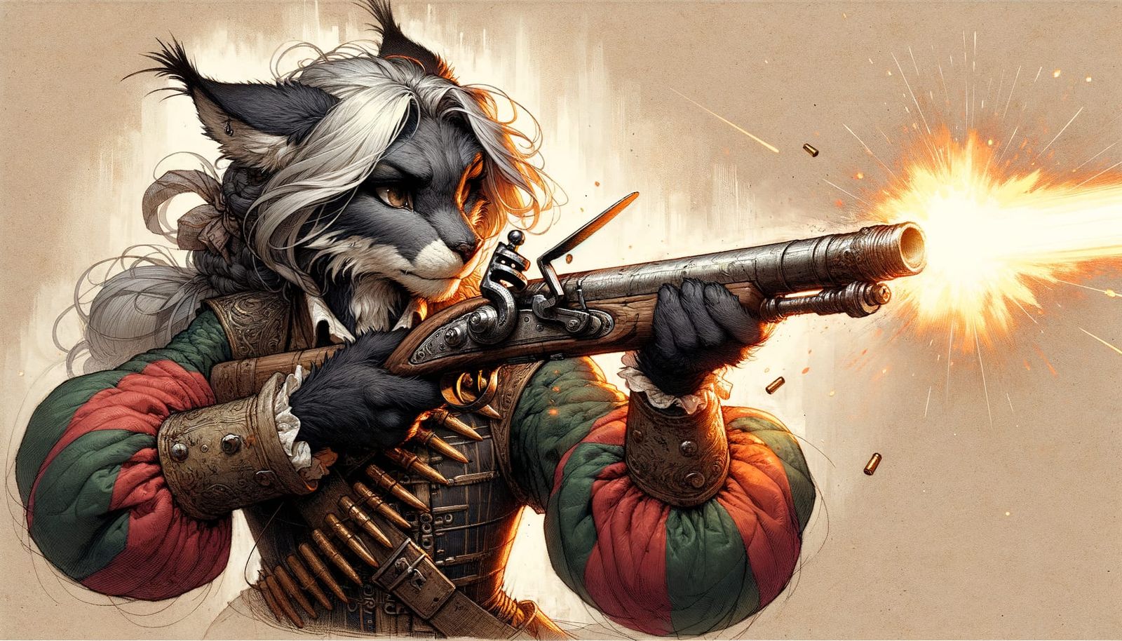 Fantasy Lynx Warrior in Medieval Armor Fires Flintlock Muske...