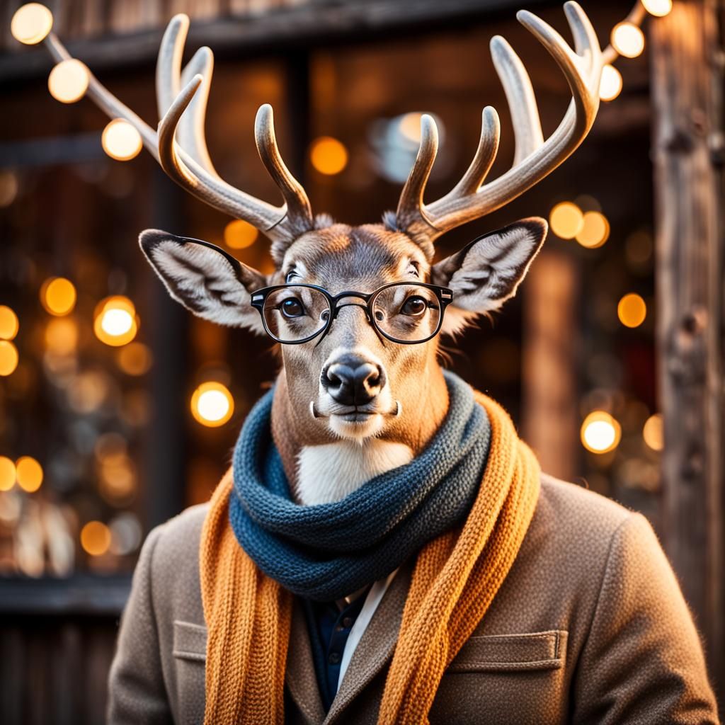 Hipster Deer with Fairy Lights in Photorealistic Style
