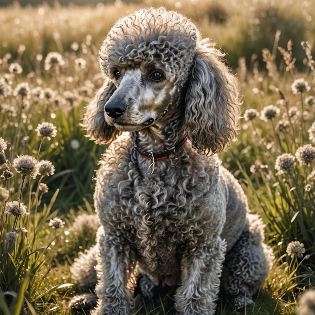 Silver Poodle in Sunlit Meadow: Photorealistic Macro