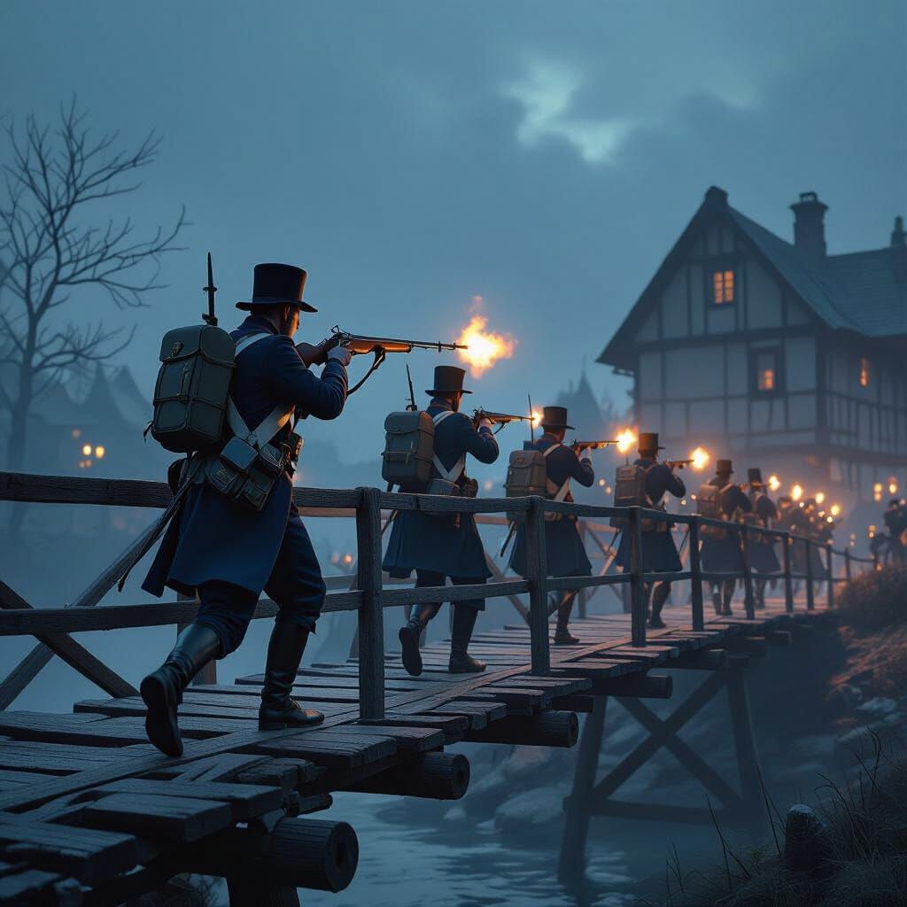 French Soldiers Defending Bridge in Digital Matte Painting S...