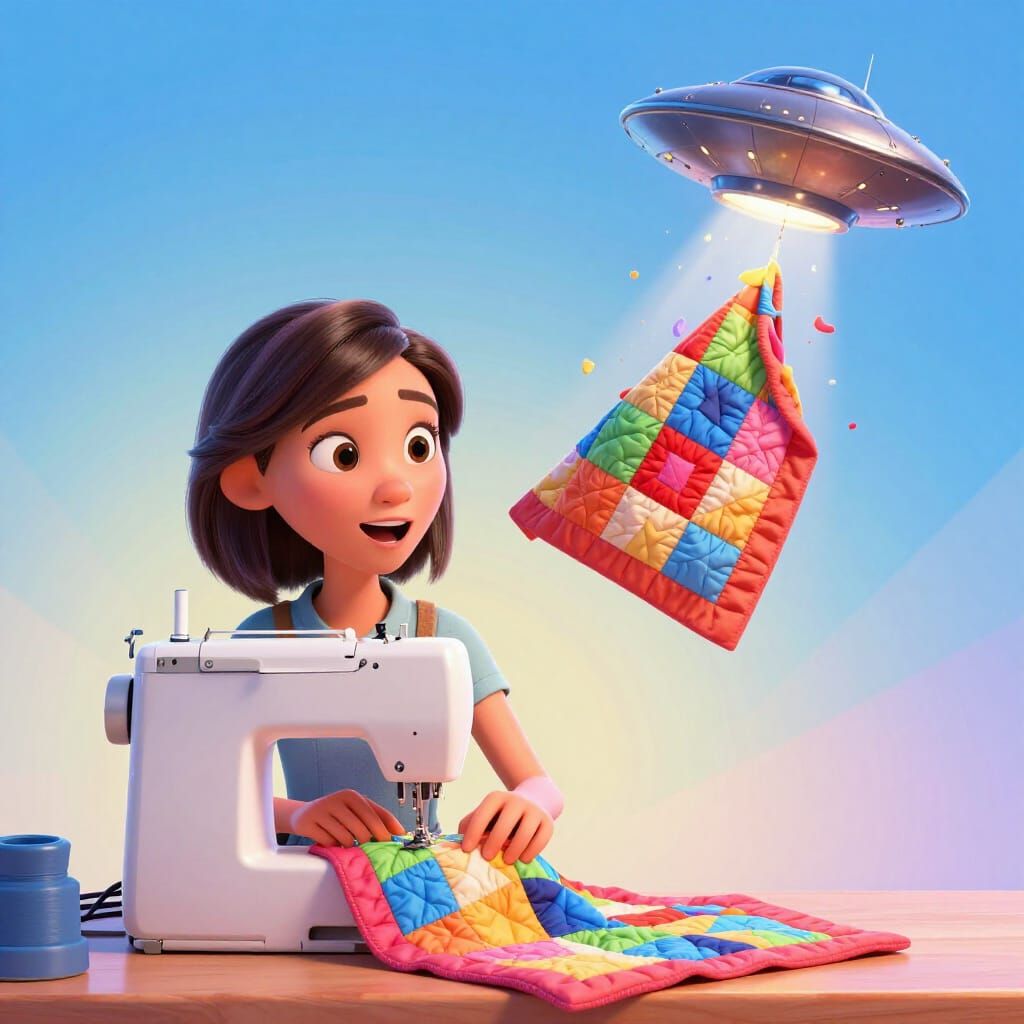 Surprised Quilter Faces UFO Invasion in 3D Art Style