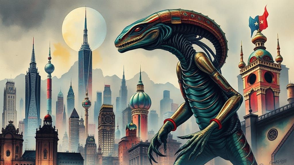 Dystopian Cyberpunk Reptilian Alien in Art Deco Style