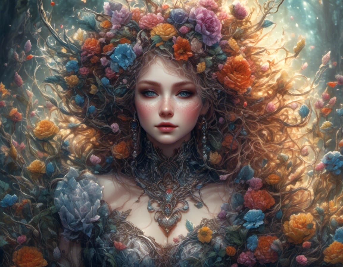 Gothic Doll in Bioluminescent Forest, Luis Royo Style